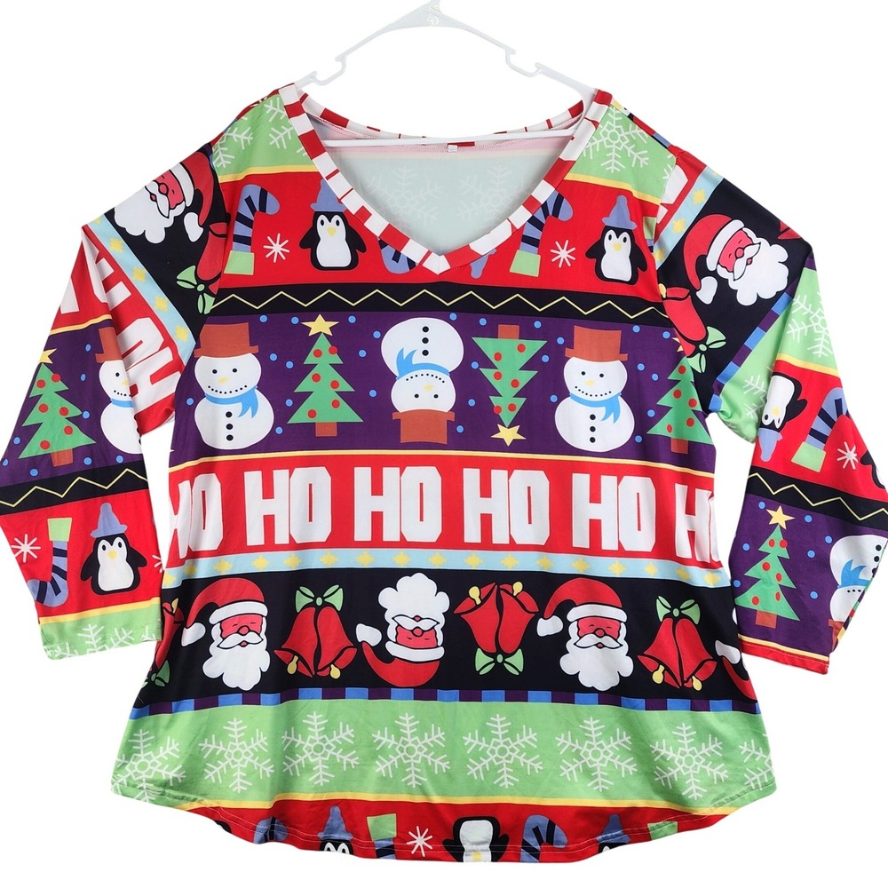 Christmas Holiday Graphic V-Neck Long Sleeve Top Multicolor Womens 26W